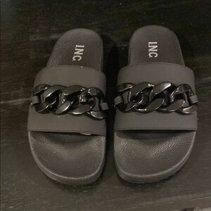 INC Black Slide Sandals with Chain Detail